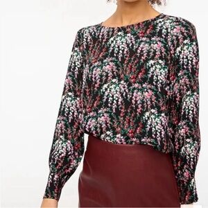 J CREW Top Black Red Pink Floral Print Long Sleeve Blouse Wisteria Size PS